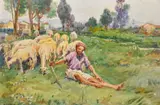 Brazilian, a shepherd and his flock in an open landscape by Oscar Pereira da Silva, oil on board, offered Oct 2023