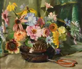 A still life of mixed colourful flowers by Colin C.C. Campbell, oil on board, sold Oct 2023