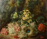 British, a still life of flowers and a birds nest with blue eggs in a natural setting by H. Livens, oil on canvas, sold Oct 2023