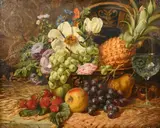 A still life of fruit and flowers and a wine glass by S. Thomas, oil on canvas, sold Oct 2023