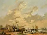 A scene of female figures sorting the catch with boats and a windmill by Gudrun Sibbons, oil on panel, sold Oct 2023