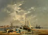 Figures mending nets with boats and a windmill beyond by Gudrun Sibbons, oil on panel, sold Oct 2023