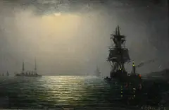 Sailboats in calm waters off a headland by Adolphus Knell, oil on board, sold Oct 2023