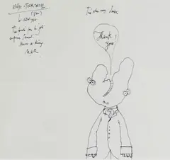 Thank You' note/letter with cartoon of a two headed man, inscribed by Ronald Searle, 1978, ink on paper, sold Jul 2021