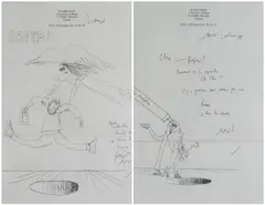 Le Percepteur' and 'SAVED' two notes / letters with cartoons of a man peering into a hole, and an angel saving a man from falling into a hole respectively by Ronald Searle, 1993, ink on paper, sold Jul 2021