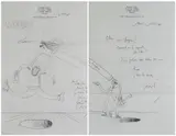 Le Percepteur' and 'SAVED' two notes / letters with cartoons of a man peering into a hole, and an angel saving a man from falling into a hole respectively by Ronald Searle, 1993, ink on paper, sold Jul 2021