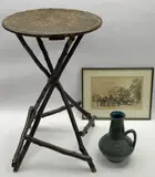 framed black and white mezzotint and a German stoneware jug, 72cms H, 45cms diameter, 21.5 x 33cms, 27cms H, measurements respectively by Vintage Briarwood Circular Top Table, print (other), sold Jul 2021