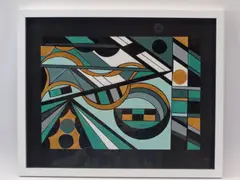 Geometric Abstract, greens, browns and blacks with circles, 30 x 41cms by Shan Eccles, watercolor, offered Jun 2021