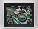 Geometric Abstract, greens, browns and blacks with circles, 30 x 41cms by Shan Eccles, watercolor, offered Jun 2021