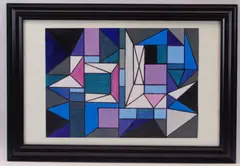 Geometric Abstract, pinks, greens, blues and blacks, 29 x 41cms by Shan Eccles, watercolor, offered Jun 2021