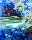 Colour print - garden scene in blue and green by Pete Daniels, print, sold Jun 2021