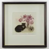 Cat and Fritillaries by Sheila Stafford limited edition, etching, sold Jun 2021