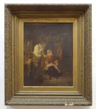 Rustic couple in a cottage interior with by E. Nicot, oil on canvas, sold Apr 2021