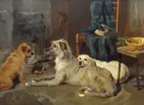 Retriever and Terrier, in a cottage interior beside a hearth with vegetables, tartan blanket, tam-o-shanter, and ram's horn by George William Horlor, oil on panel, sold Apr 2021