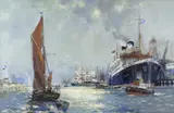 Tugs and a liner at Southampton by Frank Henry Mason, mixed media, sold Apr 2021