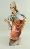 GESSO & POLYCHROME FIGURE OF A MAIDEN, dressed in medieval costume with outstretched arm offering a ring, 31cms high by European Carved Fruitwood, sculpture, sold Mar 2021
