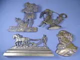 brass Robbie Burns ploughman stand, bust plaque of Charles Dickens and a Venetian gondola sea horse by Lead Fireside Plaque, sculpture, sold Jan 2021