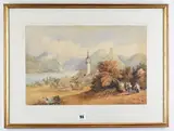 watercolour - Alpine lake landscape with figures and village to by Anthony Copley Fielding, 1816, watercolour, sold Jan 2021