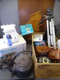 overlock sewing machine, cast letter rack, old kettle ETC by Photographic Equipment, photograph, sold Jan 2021