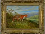 FOX EMERGING FROM BAMBLES IN A LANDSCAPE, small bird perched nearby by Elizabeth M. Halstead, oil on board, sold Aug 2018