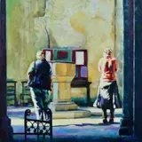 'Two Worshipers Before A Triptych', an oil on board of by Ben Davies-jenkins, oil on board, sold Aug 2018