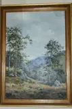 oil on canvas painting of a tree lined valley, signed bottom by Sally Gaywood, oil on canvas, sold Aug 2018