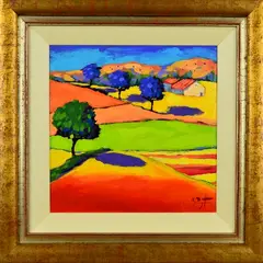 An untitled oil on canvas painting of a stylised Continental country scene by Richard Pargeter, oil on canvas, sold Jul 2018