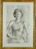 indistinctly signed, half length portrait of a woman seated, wearing vest top, monochrome mixed media by British Comtemporary, mixed media, sold Jul 2018