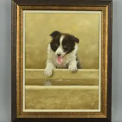 'Border Collie Pup', an oil on board painting of a puppy by John Silver, oil on board, sold Jul 2018