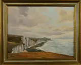 Cliffs near Birling Gap' an oil on canvas painting of the coast line belonging to the National Trust in East Sussex by P Campbell, oil on canvas, sold Jul 2018