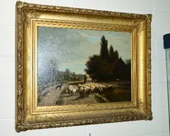 Village scene with figures, shepherd and sheep, oil on by Joseph Foxcroft Cole, oil, sold Jul 2018