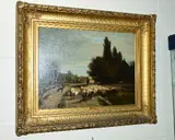 Village scene with figures, shepherd and sheep, oil on by Joseph Foxcroft Cole, oil, sold Jul 2018