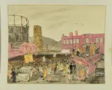 a pen and watercolour drawing depicting the 1972 minors strike, and the pickets at the Nechells works in Birmingham by L Chappell, 1973, watercolour, sold Jul 2018