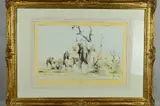 A Limited Edition print 'Protective Custody' 39/850, depicting a Bull Elephant Protecting a herd by David Kelly, print, sold Jul 2018