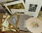 a box of framed and unframed book plates, over painted fox hunting scenes, by Pictures And Prints, pastel, sold Jul 2018