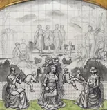 Study of figures in a garden, possibly for a fresco Pen by James Stroudley, Pen, ink and wash over pencil, in an arched frame, squared for transfer, sold Nov 2017