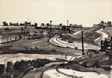 Landscape with telegraph poles Signed with initials Pen by Kyffin Williams, Pen, ink and wash, sold Nov 2017