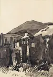 View through a churchyard Signed with initials Pen by Kyffin Williams, Pen, ink and wash, sold Nov 2017