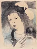 Young lady wearing pearls and a feathered cap with her pet by Marie Laurencin, Lithograph, sold Nov 2017
