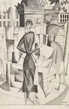 A Bouquinistes in Paris, with lady browsing Signed and numbered 16/18 ep in pencil Etching 29.5 x 20cm- by Jean Emile Laboureur, Etching, sold Nov 2017