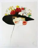 Woman in a Flowered Hat, 1987 lithograph on wove paper signed in pencil and numbered 270/300, Gruau 1987 stamp to reverse, 75 x 59cm by René Gruau, lithograph, sold Oct 2017