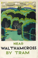 Near Walthamcross by Tram, 1924 lithographic poster in colours, printed by The Banyard Press, mounted on paper signed in the print 76 x 50.5cm by Edward McKnight Kauffer, print, sold Oct 2017