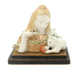 Lucinda & Kittens, a pottery bust on wooden base, glazed in colours paper label to base, 11cm by Daisy Borne, sculpture, offered Oct 2017