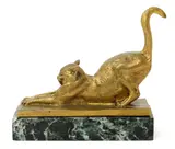 Stretching cat gilt bronze on veined green marble base signed L Riche in the cast, 17cm by Louis Riché, bronze, sold Oct 2017
