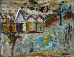 Figures before a house by Patrick Hayman, oil on canvas, offered Nov 2013