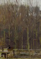 Winter Treees, Mons 1977 by Ken Howard, oil on board, sold Nov 2013