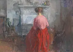 Lady in Pink within Interior by Peter Kuhfeld, oil on board, sold Nov 2013