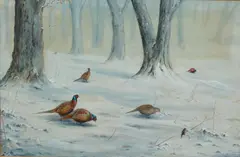 Pheasants in a snowy woodland landscape by Vincent Balfour-Browne, watercolour and bodycolour, sold Nov 2013