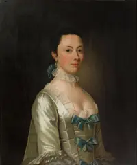 Portrait of a lady, half-length, in a pale green silk dress with blue ribbons  and a lace necklace by Henry Pickering, oil on canvas, sold Nov 2013