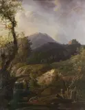 Hunters by a waterfall by Julien-Joseph Ducorron, oil on panel, sold Nov 2013
